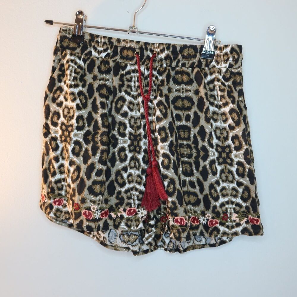 Blue Rain Leopard Print Embroidered Hem Shorts Womens S Tassel Boho NWT Tassels